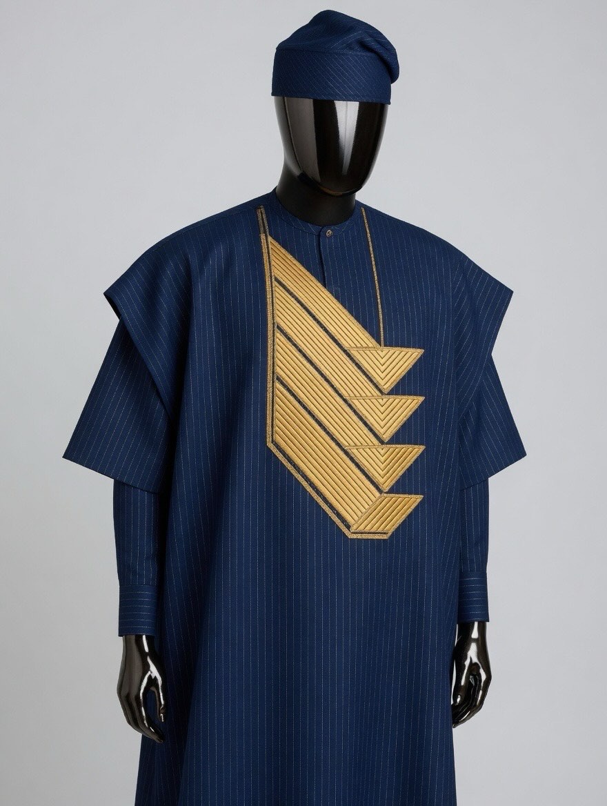 Navy agbada with geometric gold embroidery displayed on a mannequin