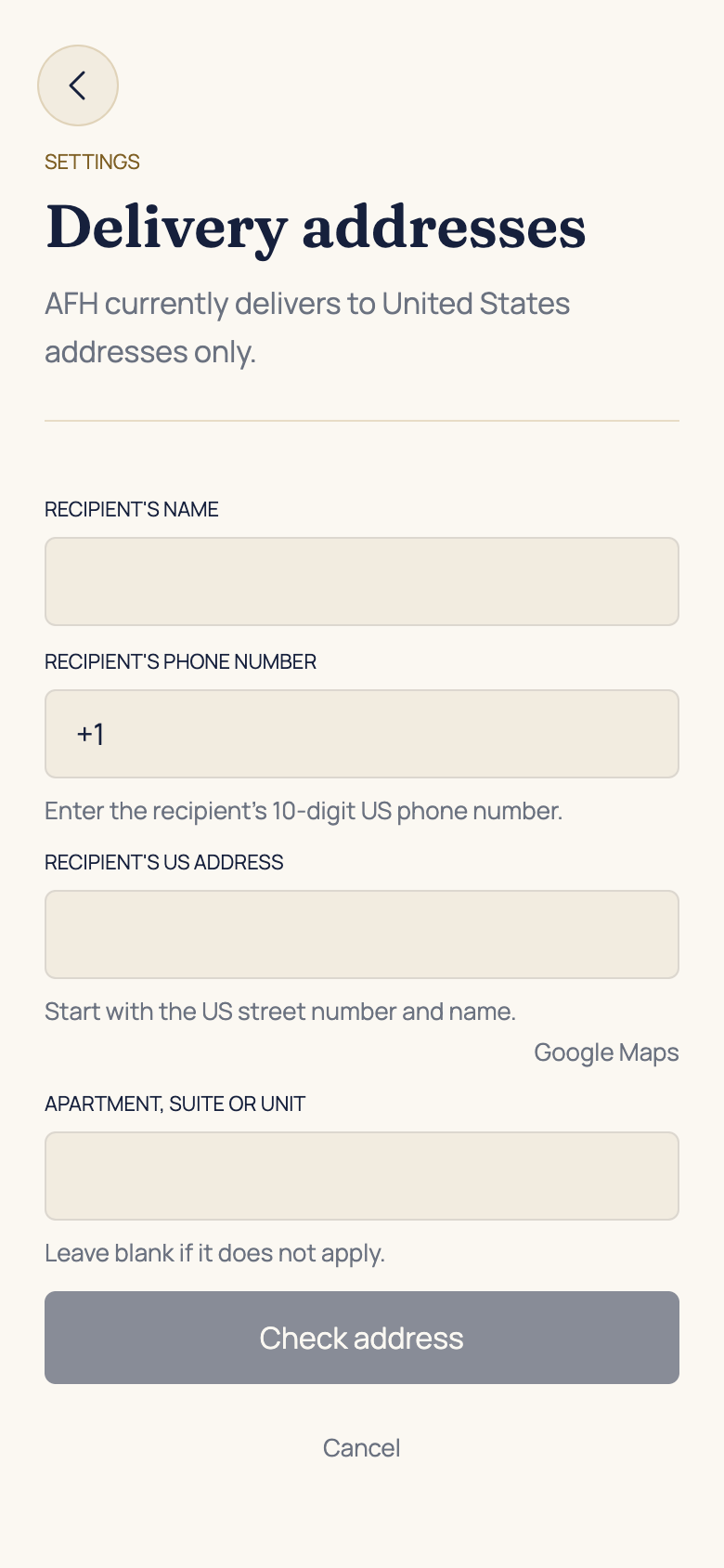 Add and check a US address in the AFH app, using example data