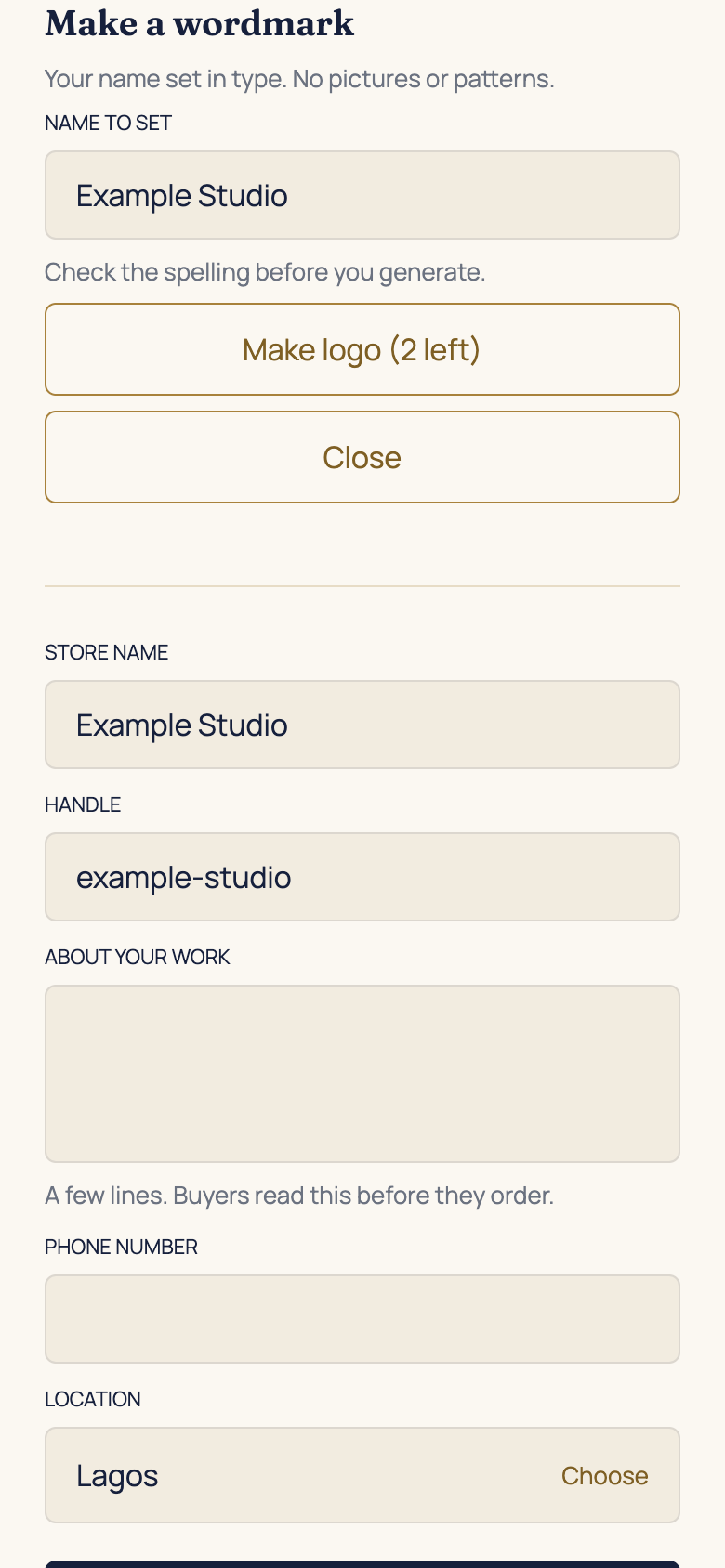 Create a logo with AI in the AFH app, using example data