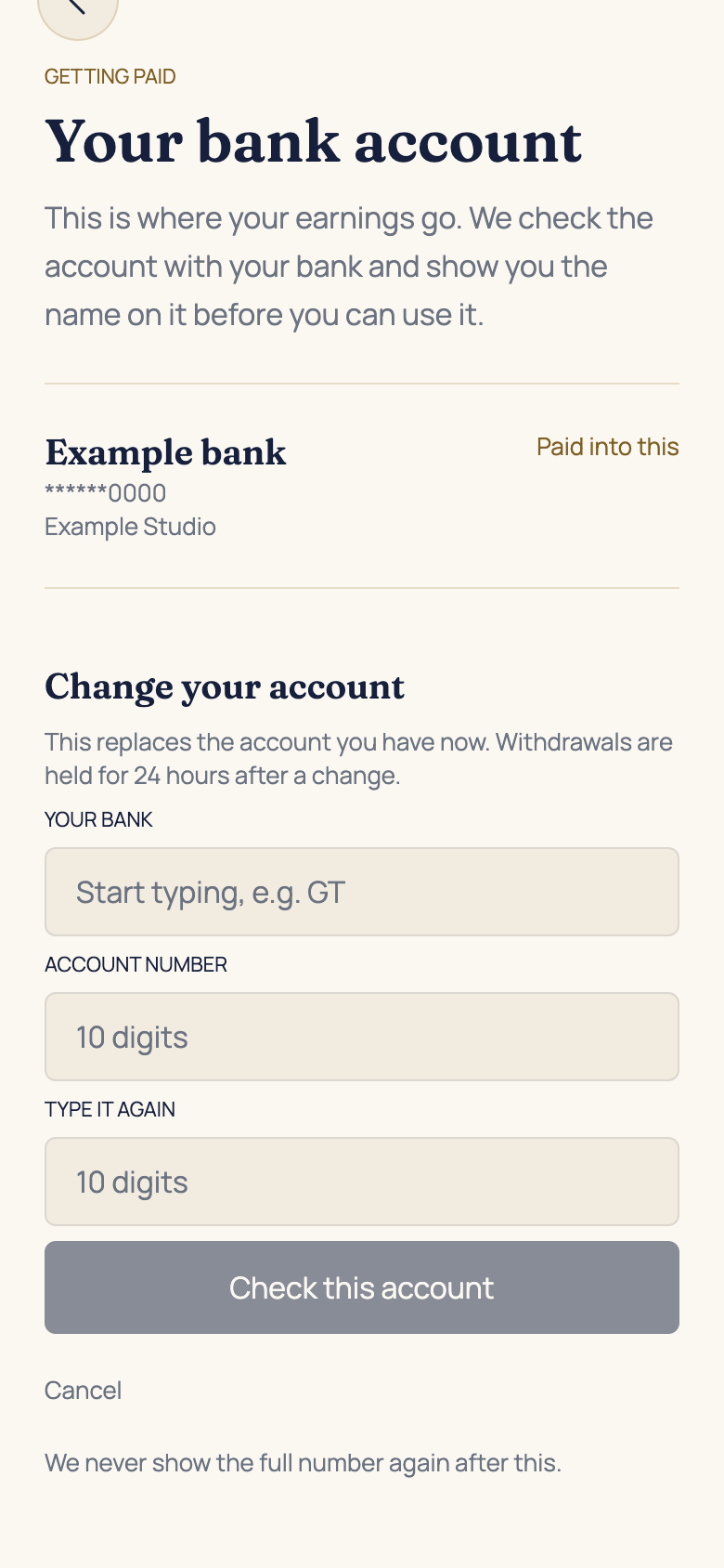 Change your bank details safely in the AFH app, using example data