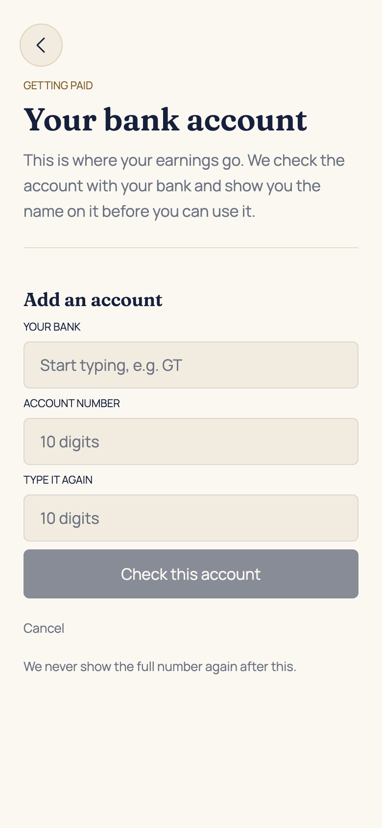 Check and save your bank account in the AFH app, using example data