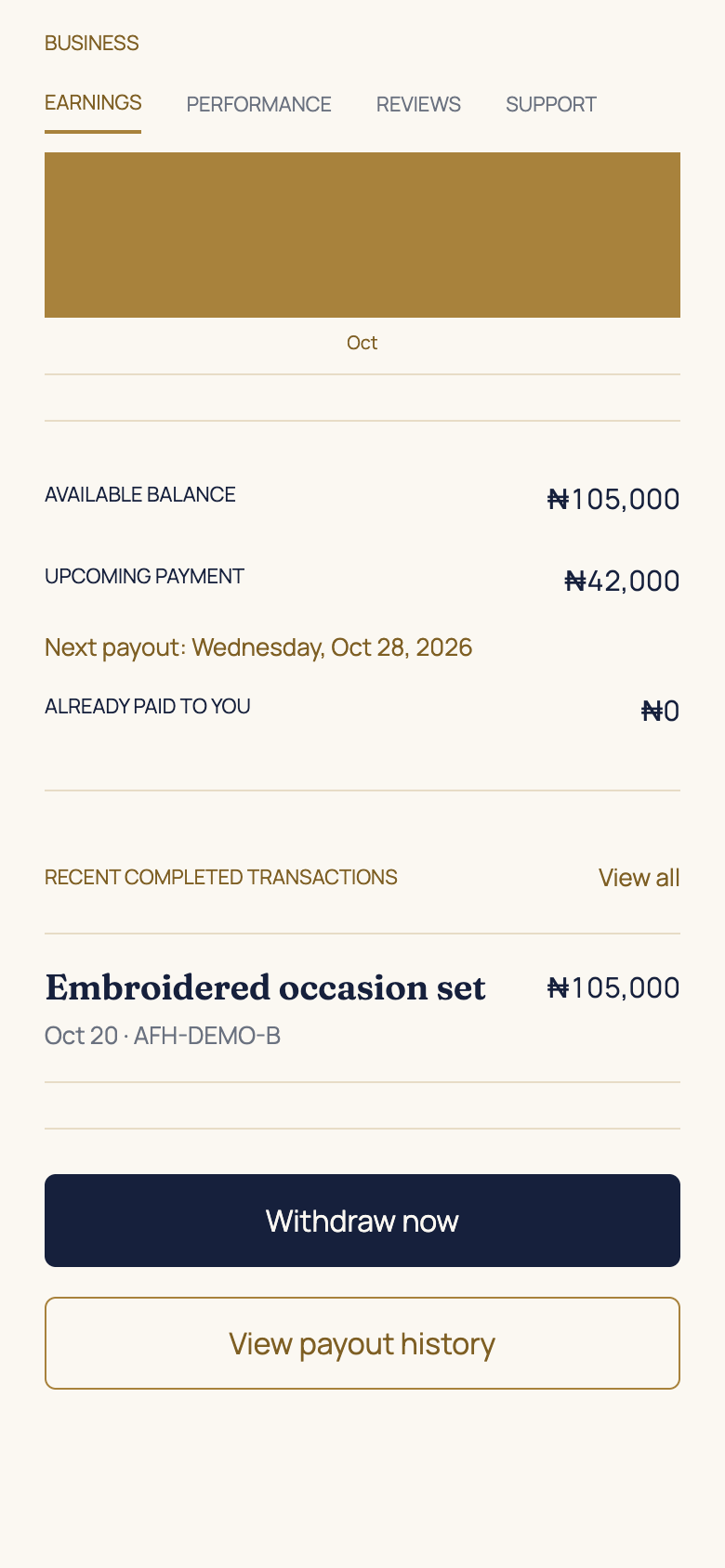 Read your earnings and balances in the AFH app, using example data