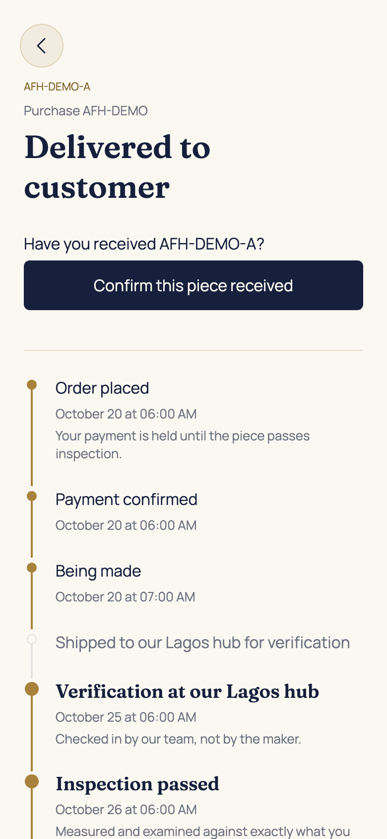 Check the package and confirm receipt in the AFH app, using example data