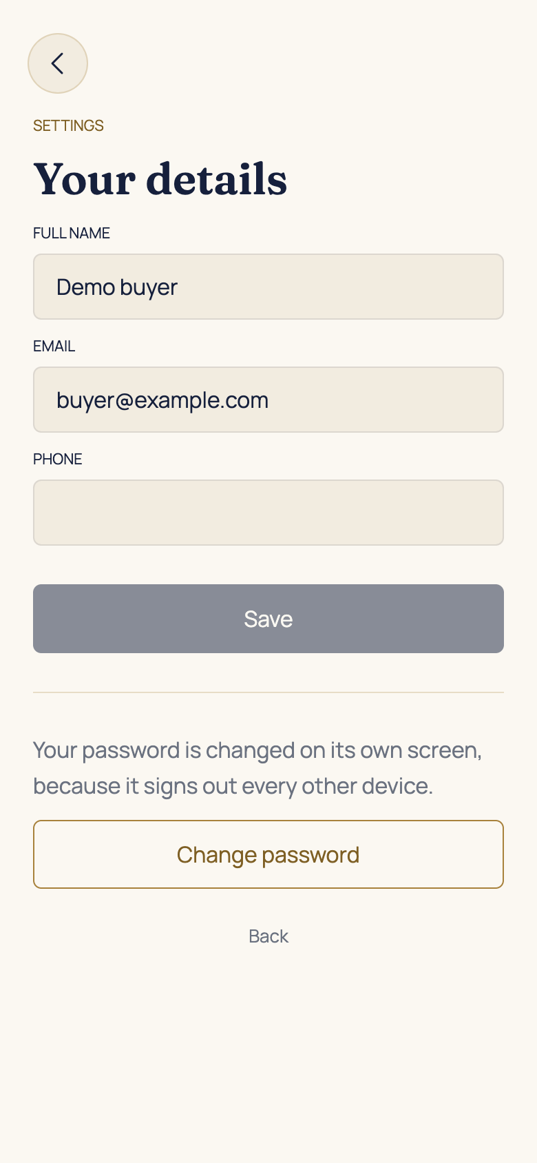 Update your details or recover access in the AFH app, using example data