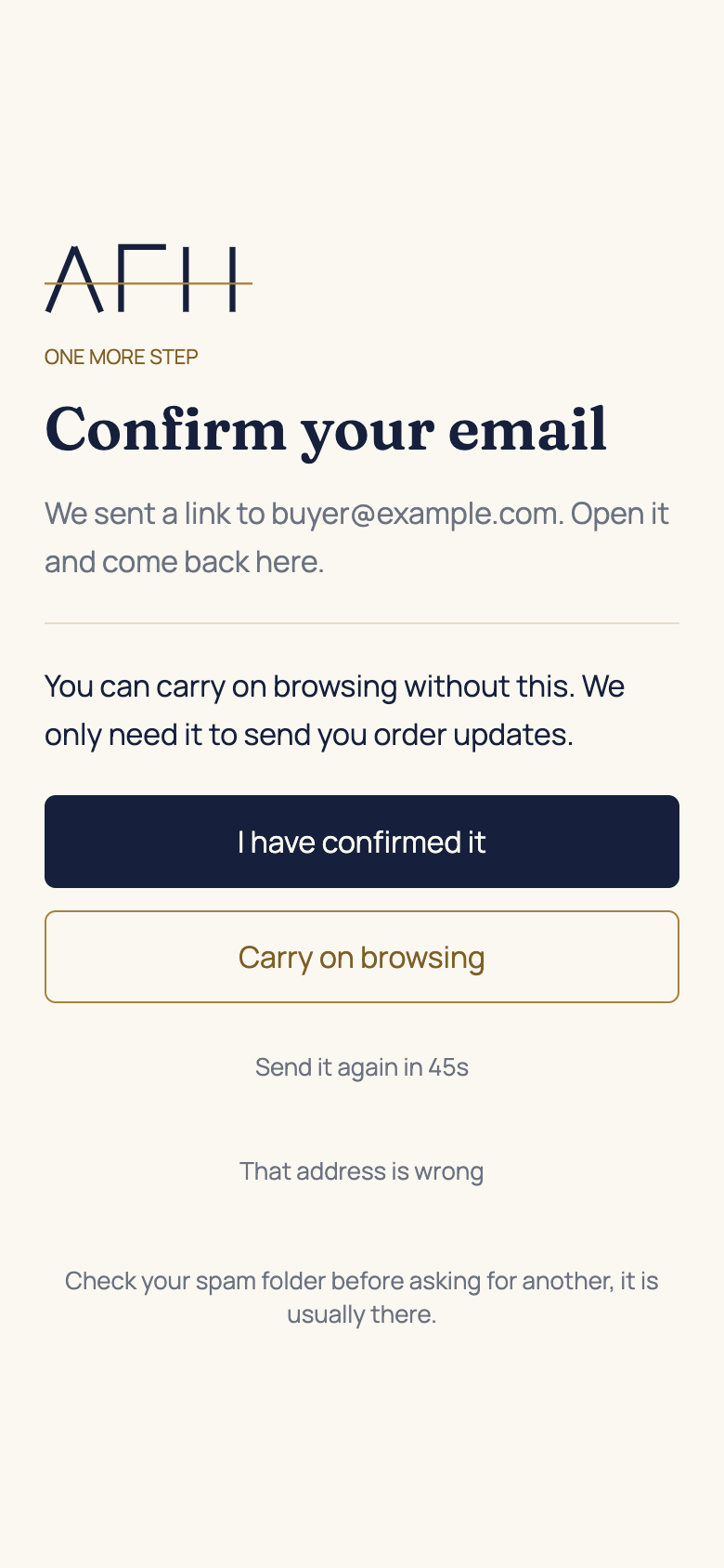 Confirm your email in the AFH app, using example data