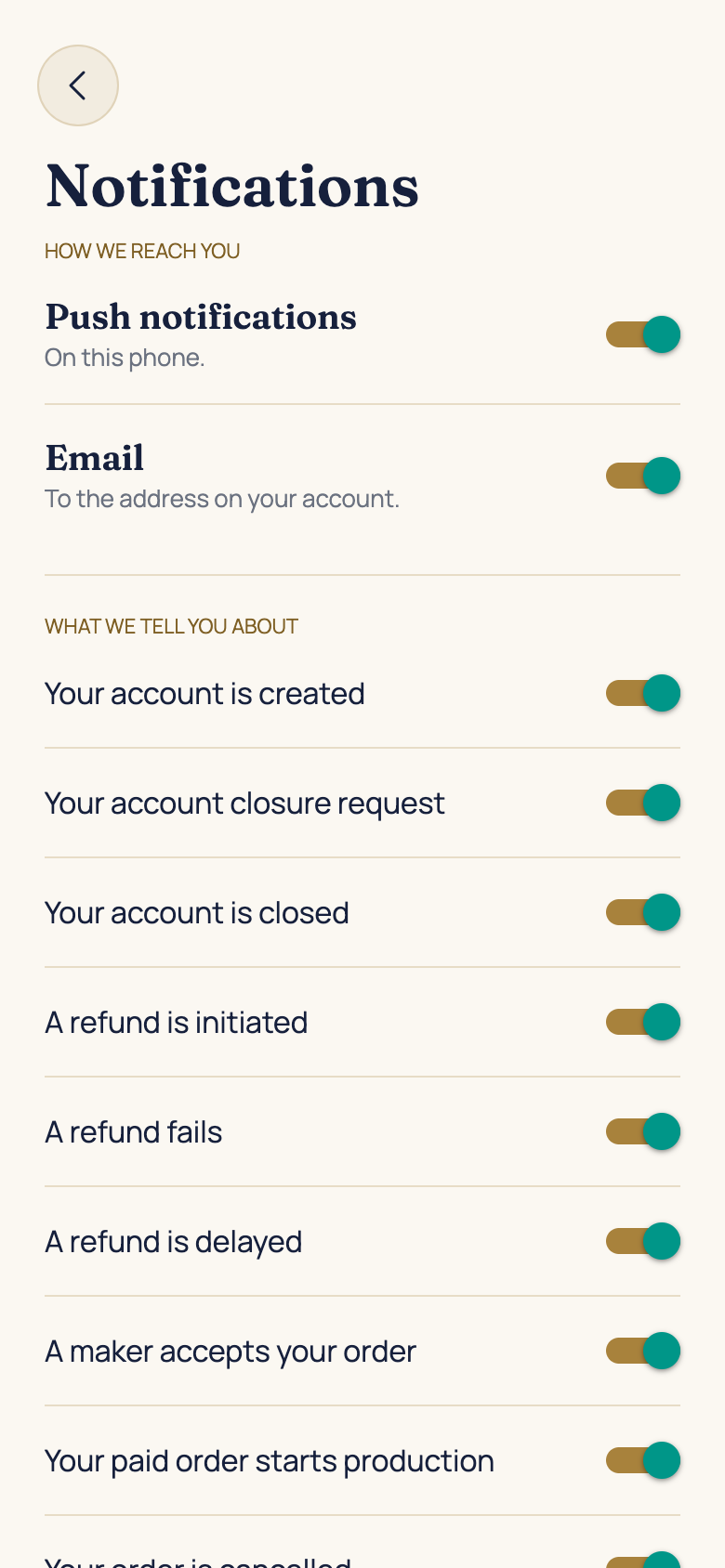 Manage notifications and emails in the AFH app, using example data