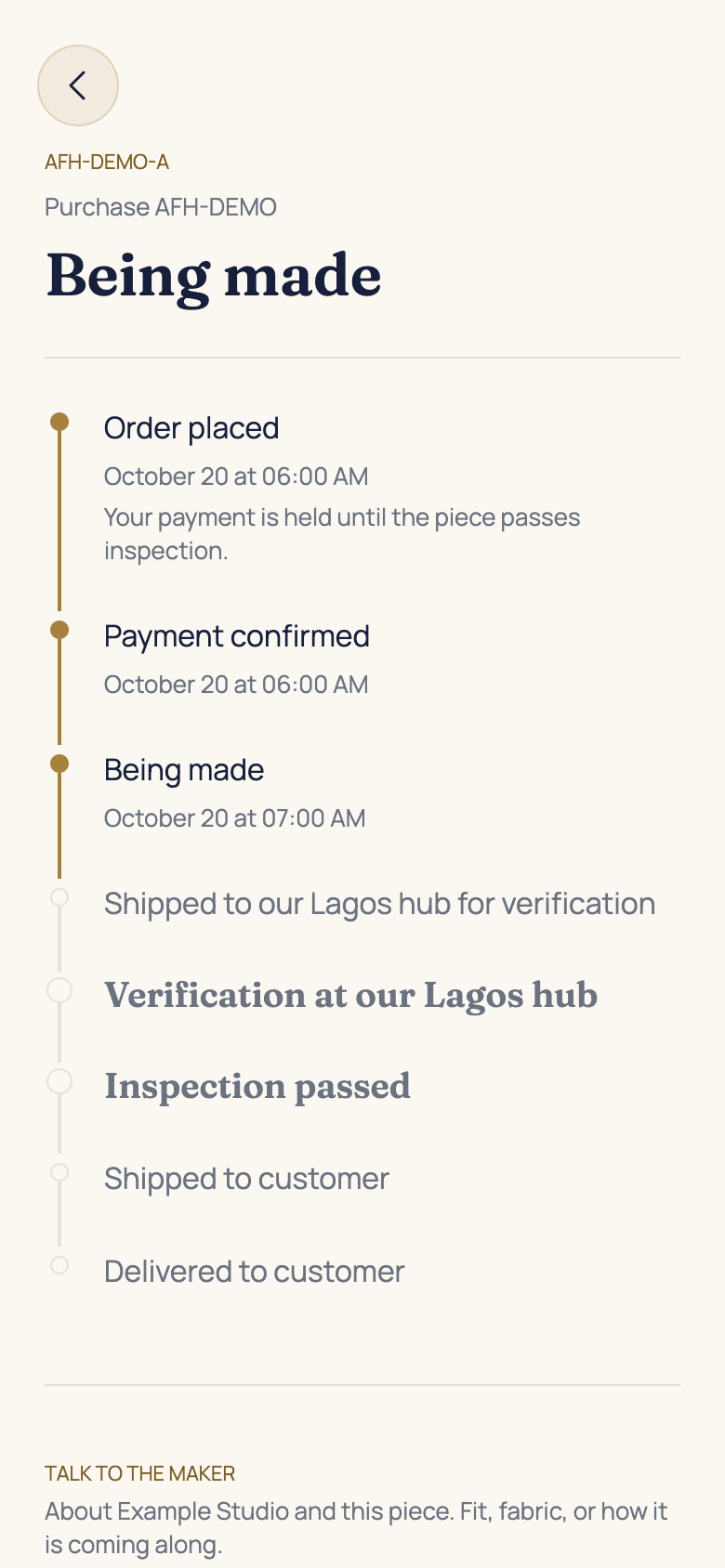Read the order stage and tracking in the AFH app, using example data
