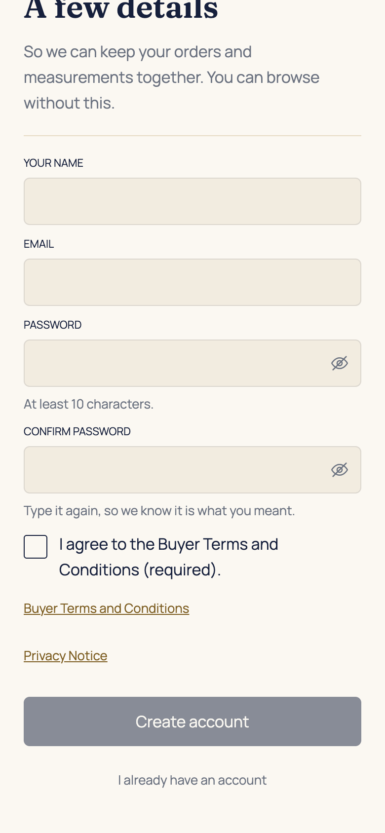 Create your account in the AFH app, using example data