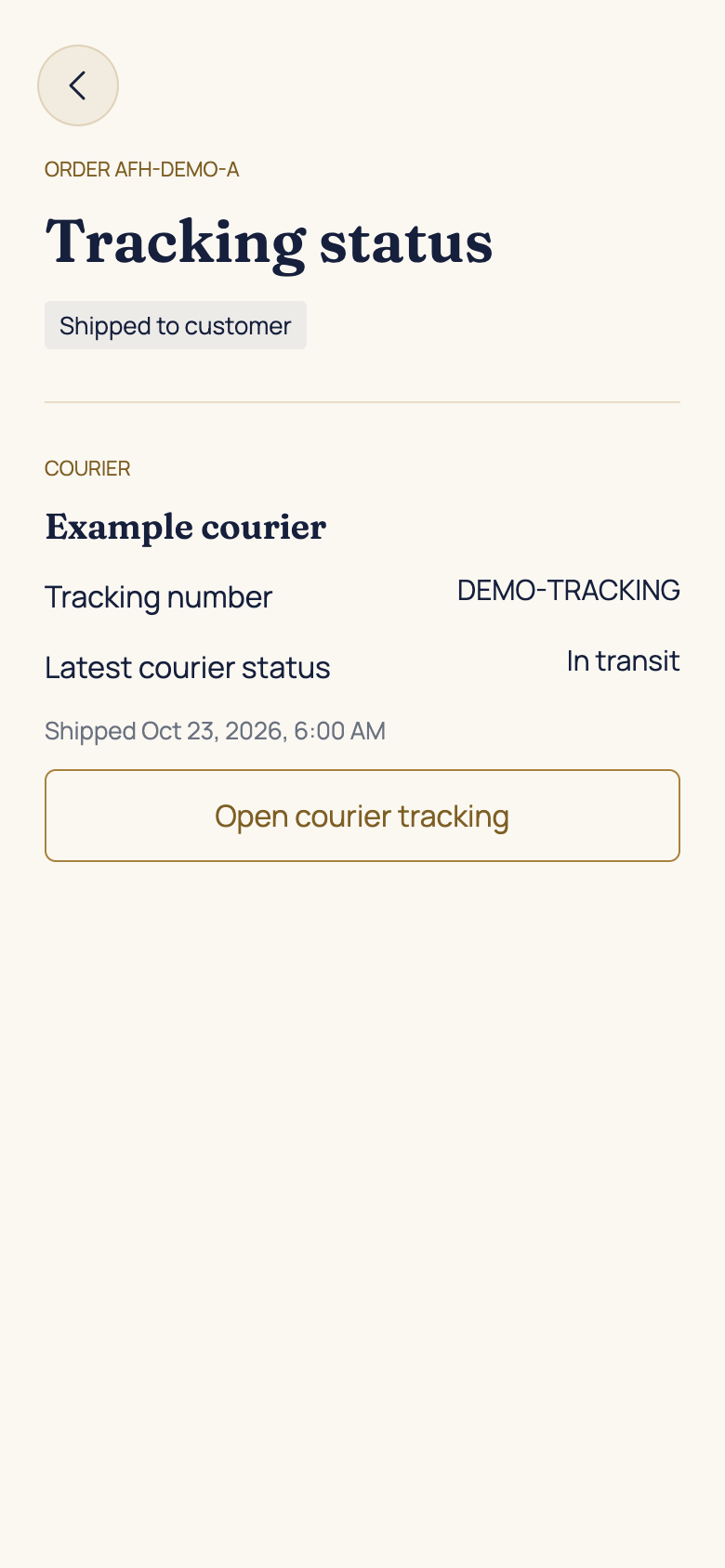 Open the courier's external tracking page in the AFH app, using example data