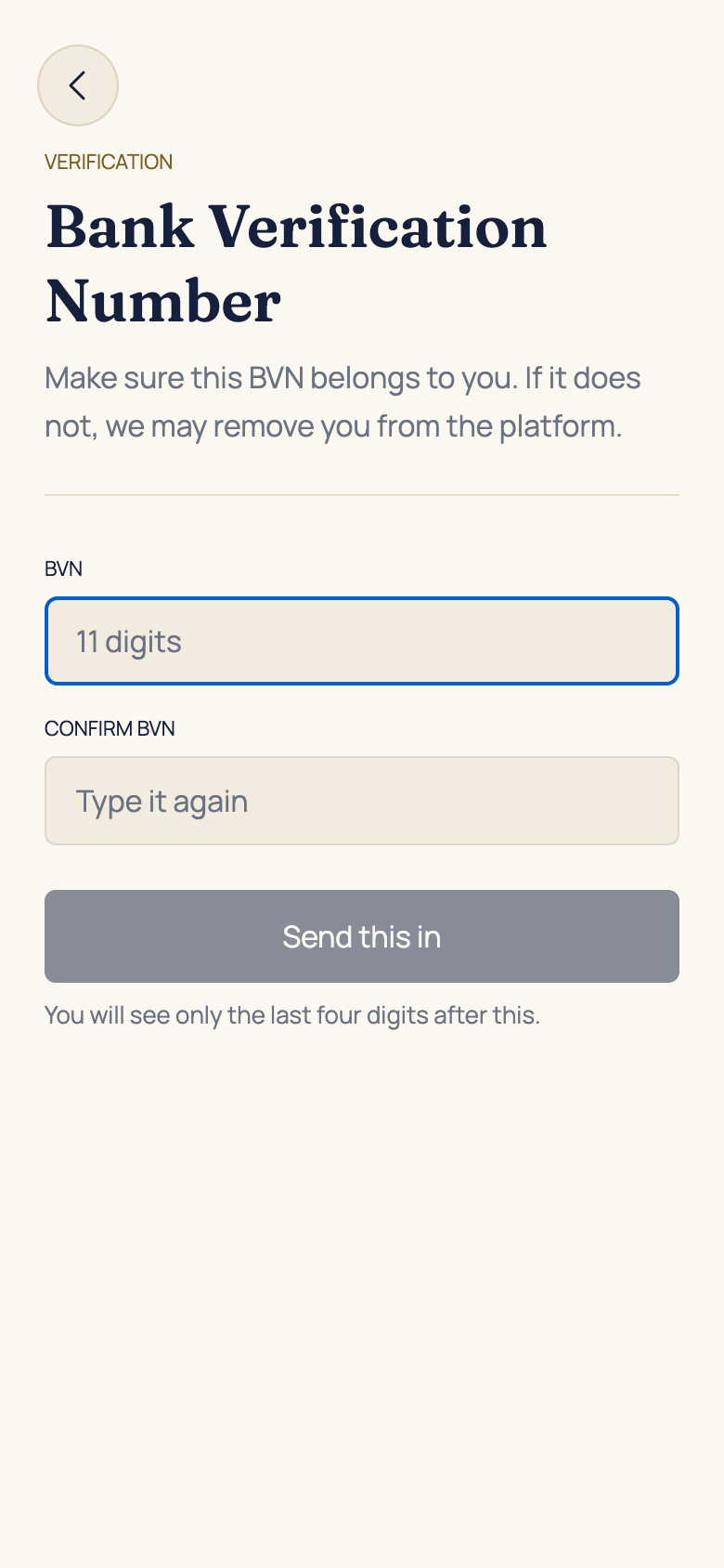 Complete the BVN step in the AFH app, using example data