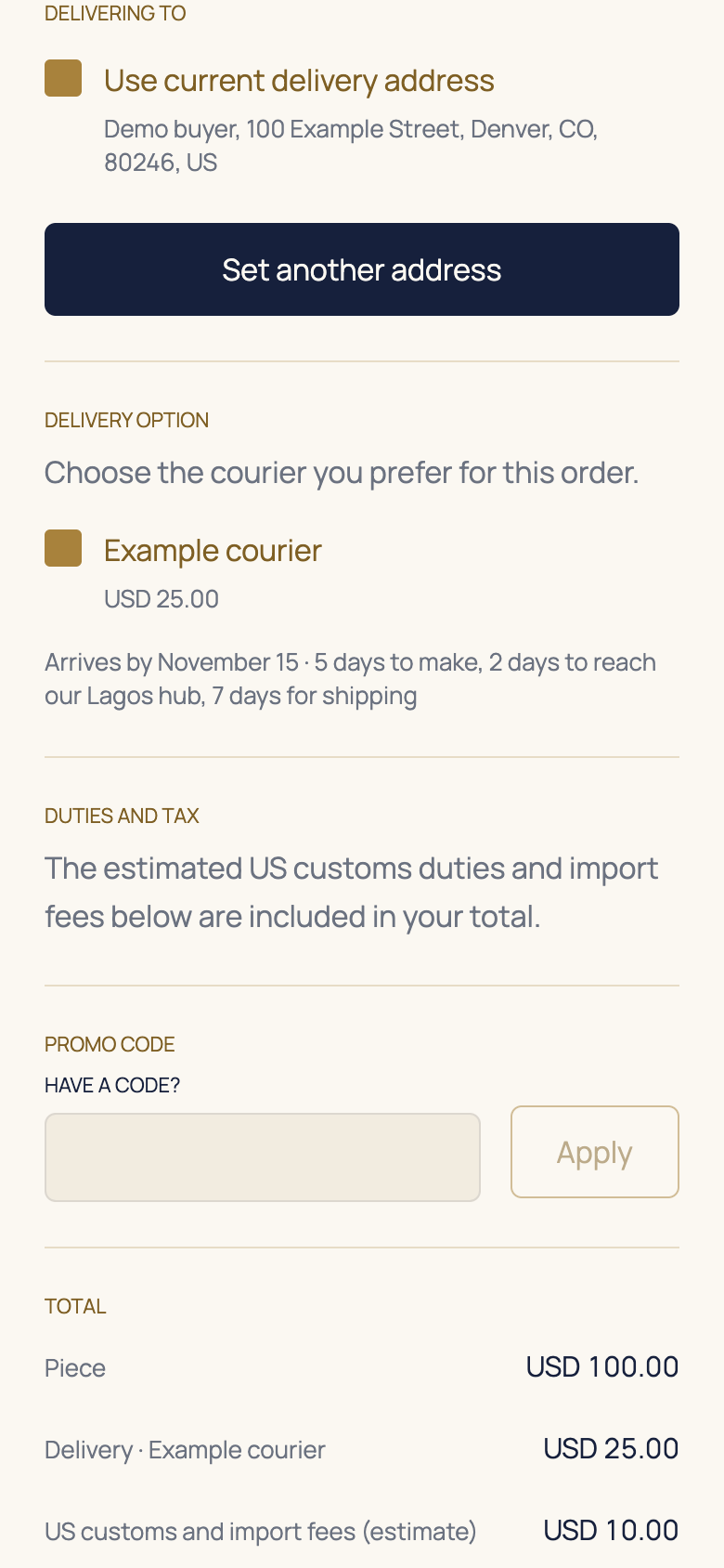 Choose the right recipient at checkout in the AFH app, using example data