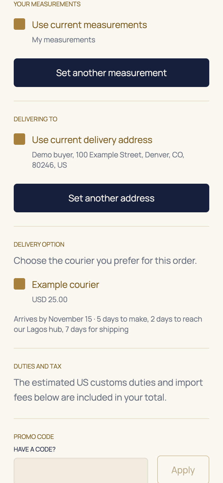 Review measurements, delivery and charges in the AFH app, using example data