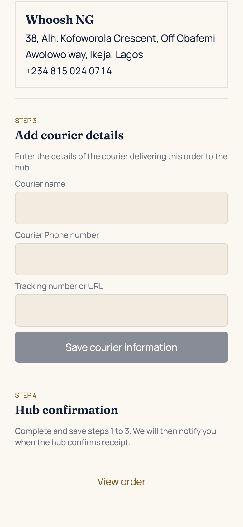 Step 3: save the courier information in the AFH app, using example data