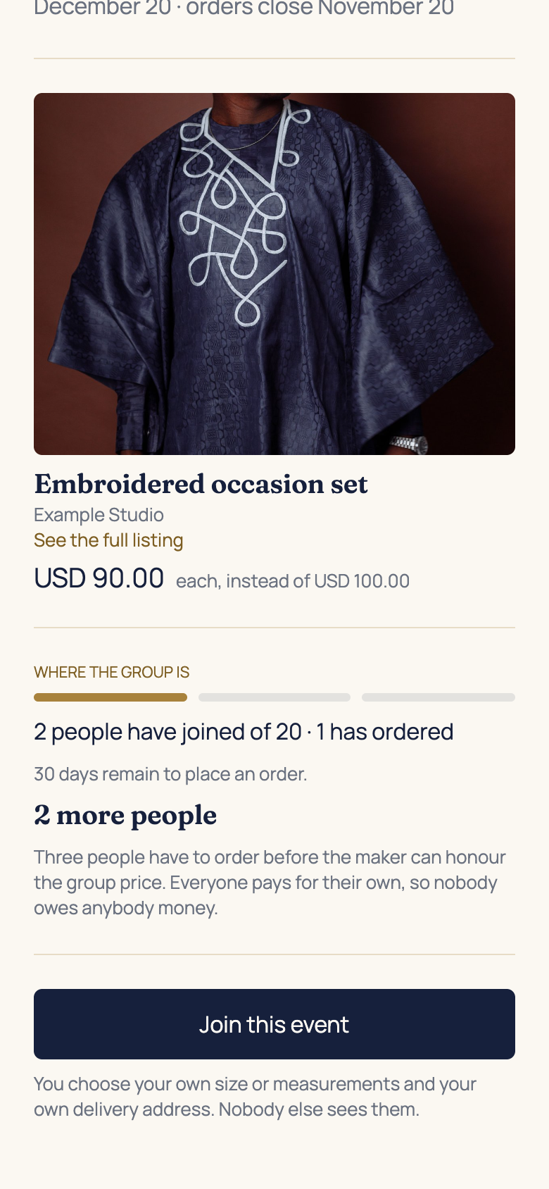 Join an event and place your order in the AFH app, using example data