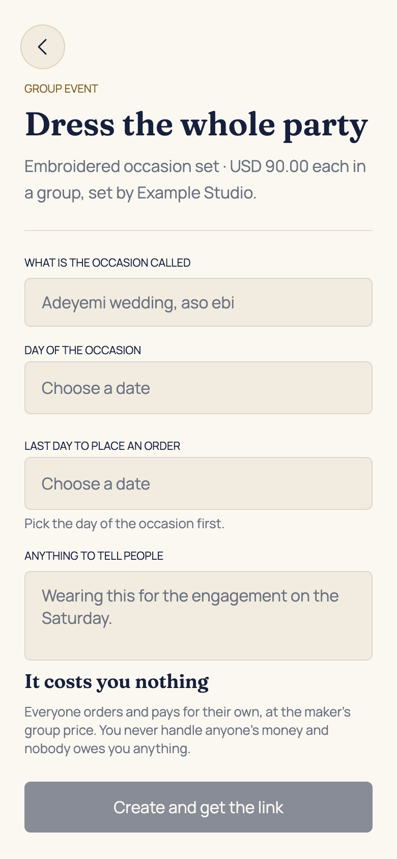 Create an event and share the invitation in the AFH app, using example data