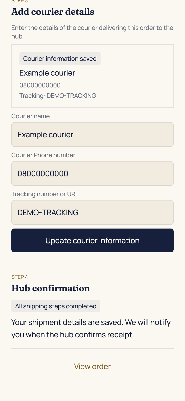 Step 4: check completion and hub receipt in the AFH app, using example data
