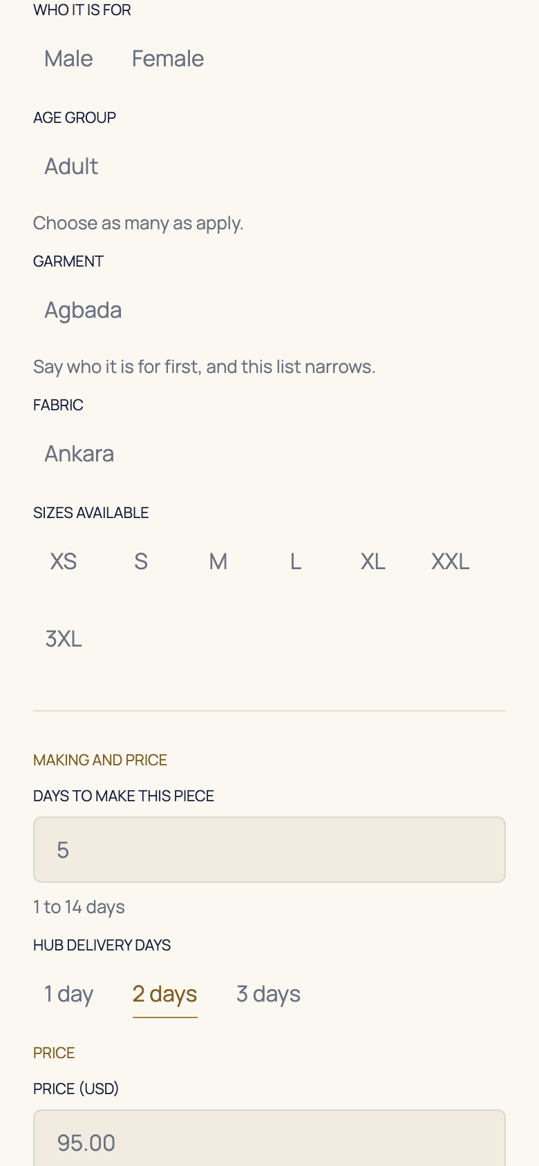 Describe the garment and inclusions in the AFH app, using example data