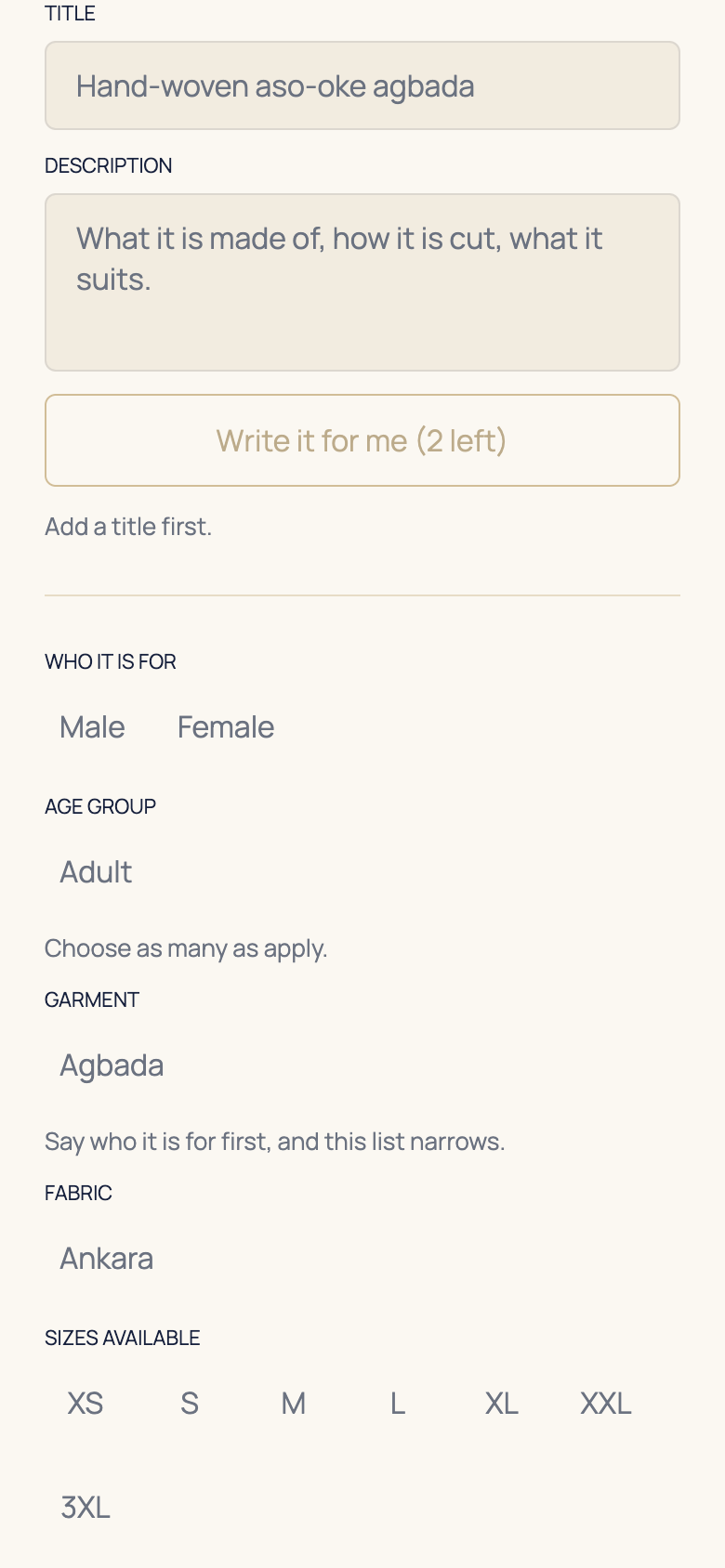 Use AI to draft your description in the AFH app, using example data