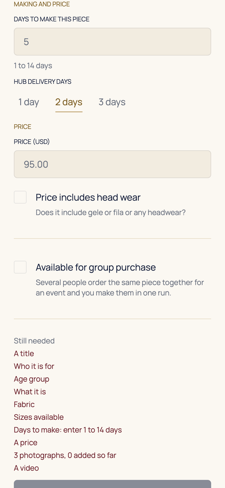 Set making time and USD prices in the AFH app, using example data