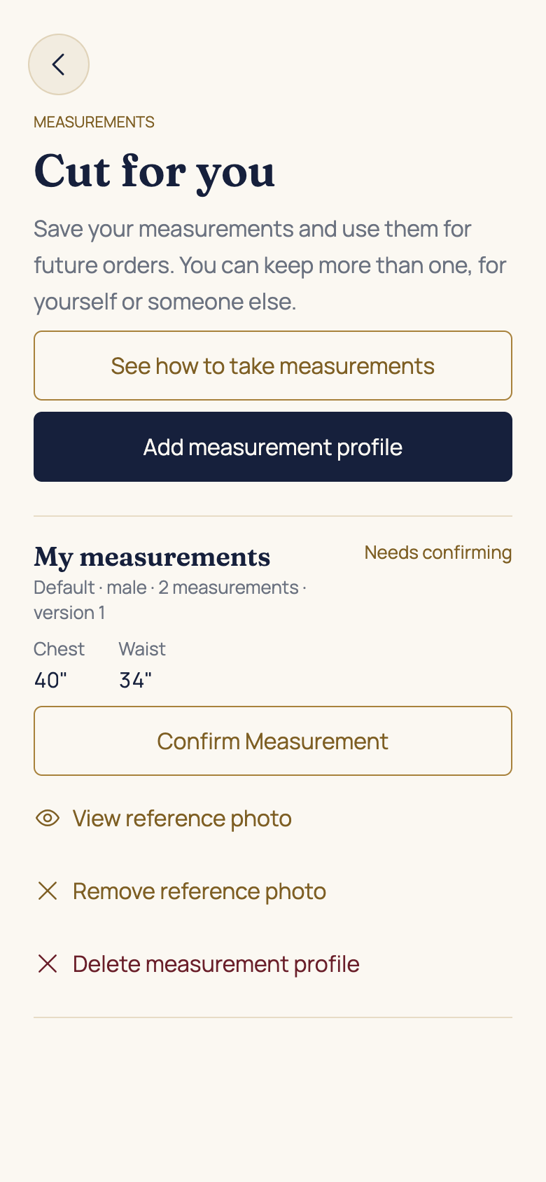 Confirm and manage your saved profile in the AFH app, using example data