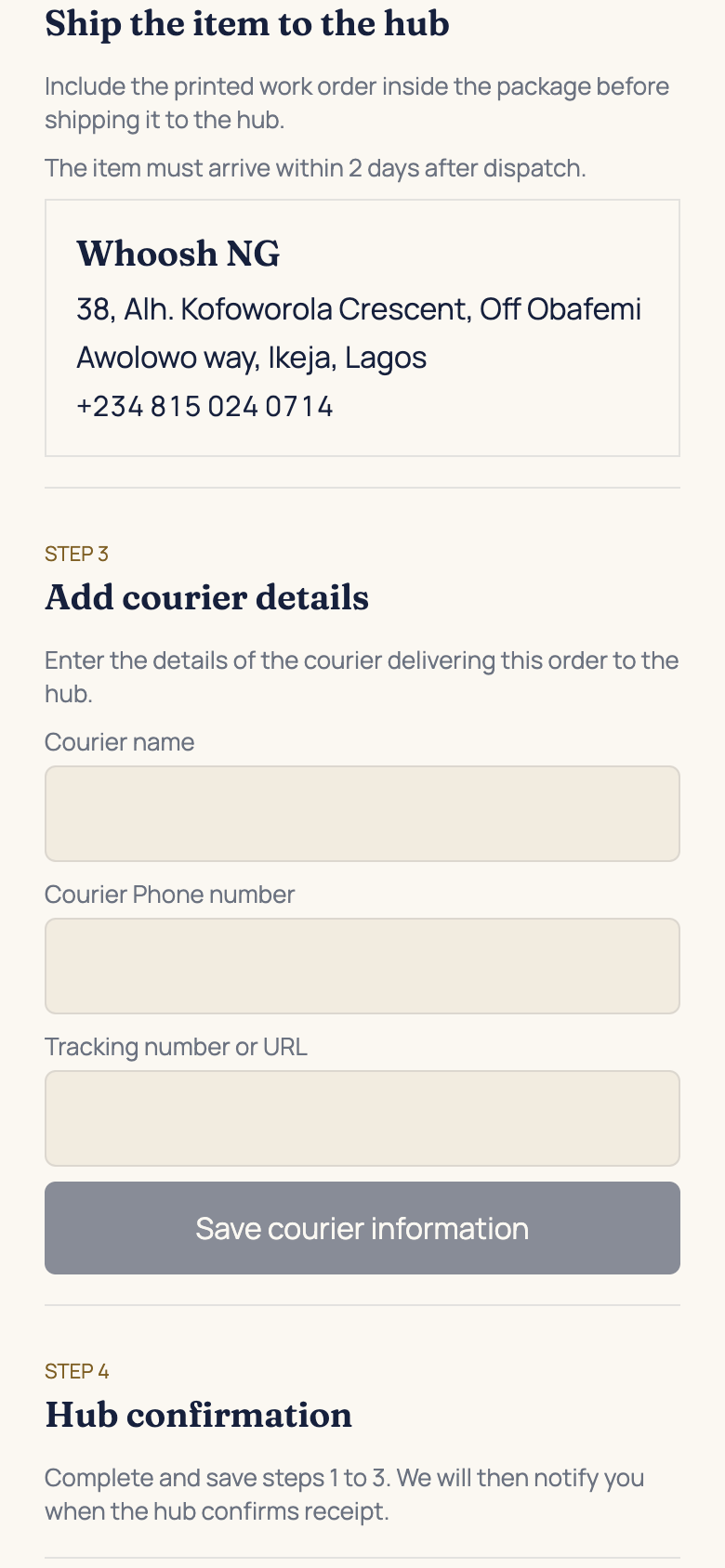 Step 2: pack and dispatch the item in the AFH app, using example data