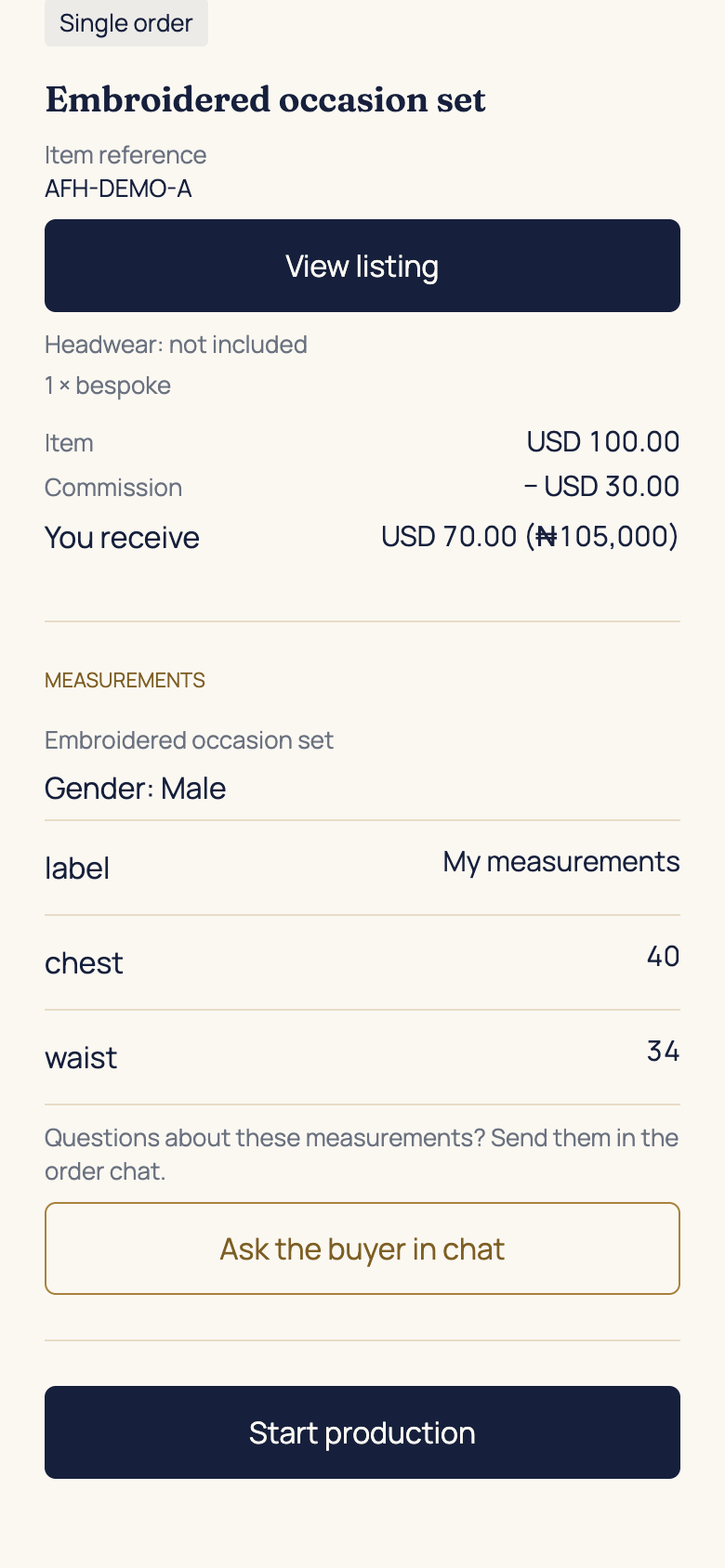 Start production and meet the deadline in the AFH app, using example data