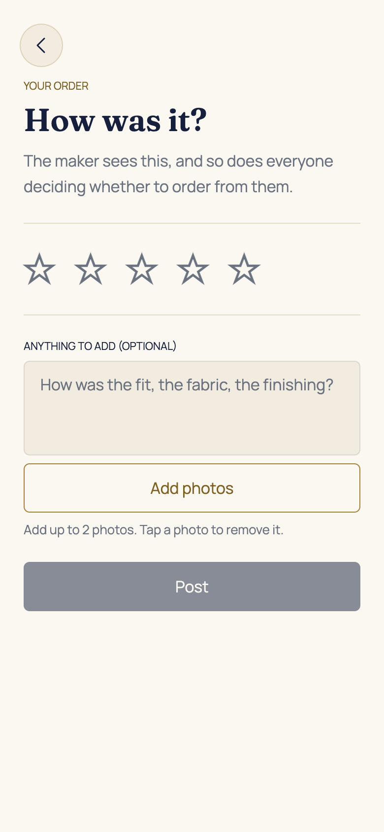 Leave a review in the AFH app, using example data