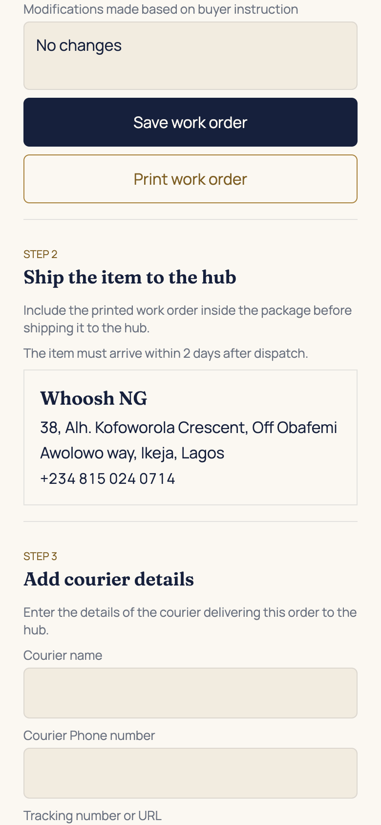 Step 1: save and print the work order in the AFH app, using example data
