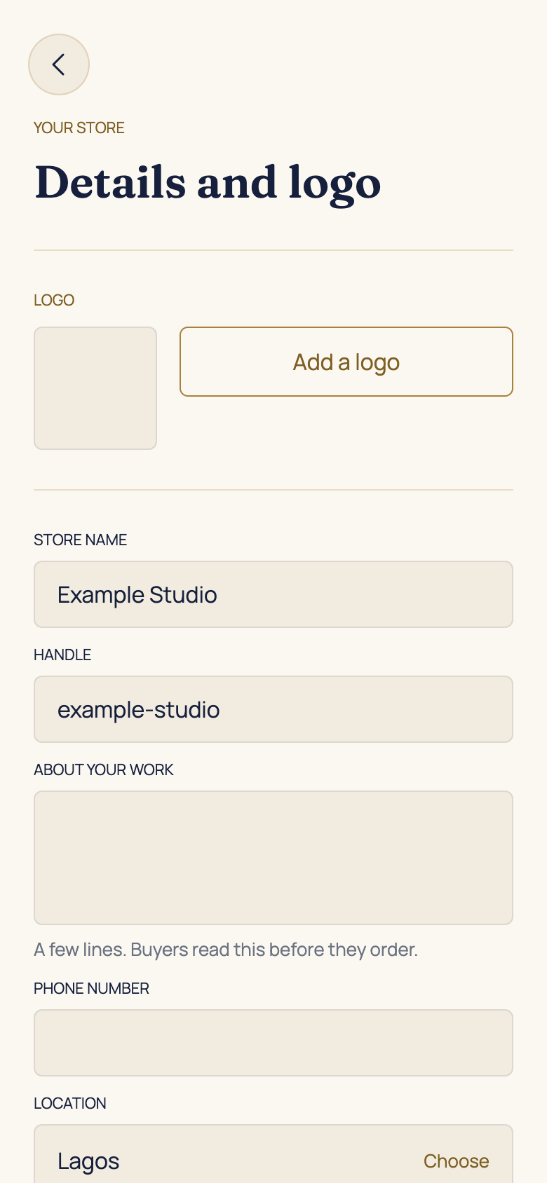 Add your store details and logo in the AFH app, using example data