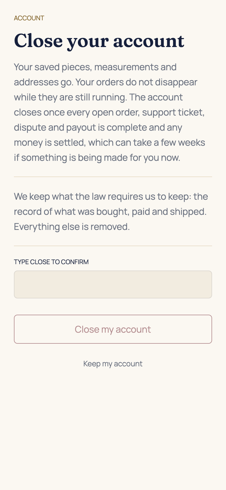 Request account closure in the AFH app, using example data