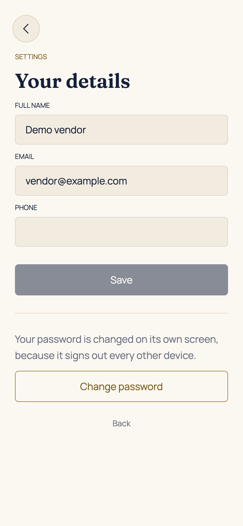 Update details and passwords in the AFH app, using example data