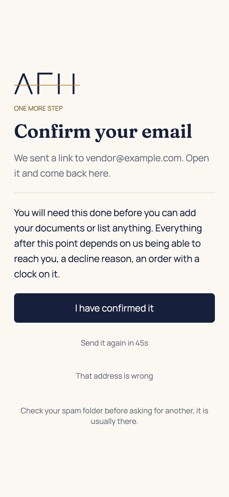 Confirm your email in the AFH app, using example data