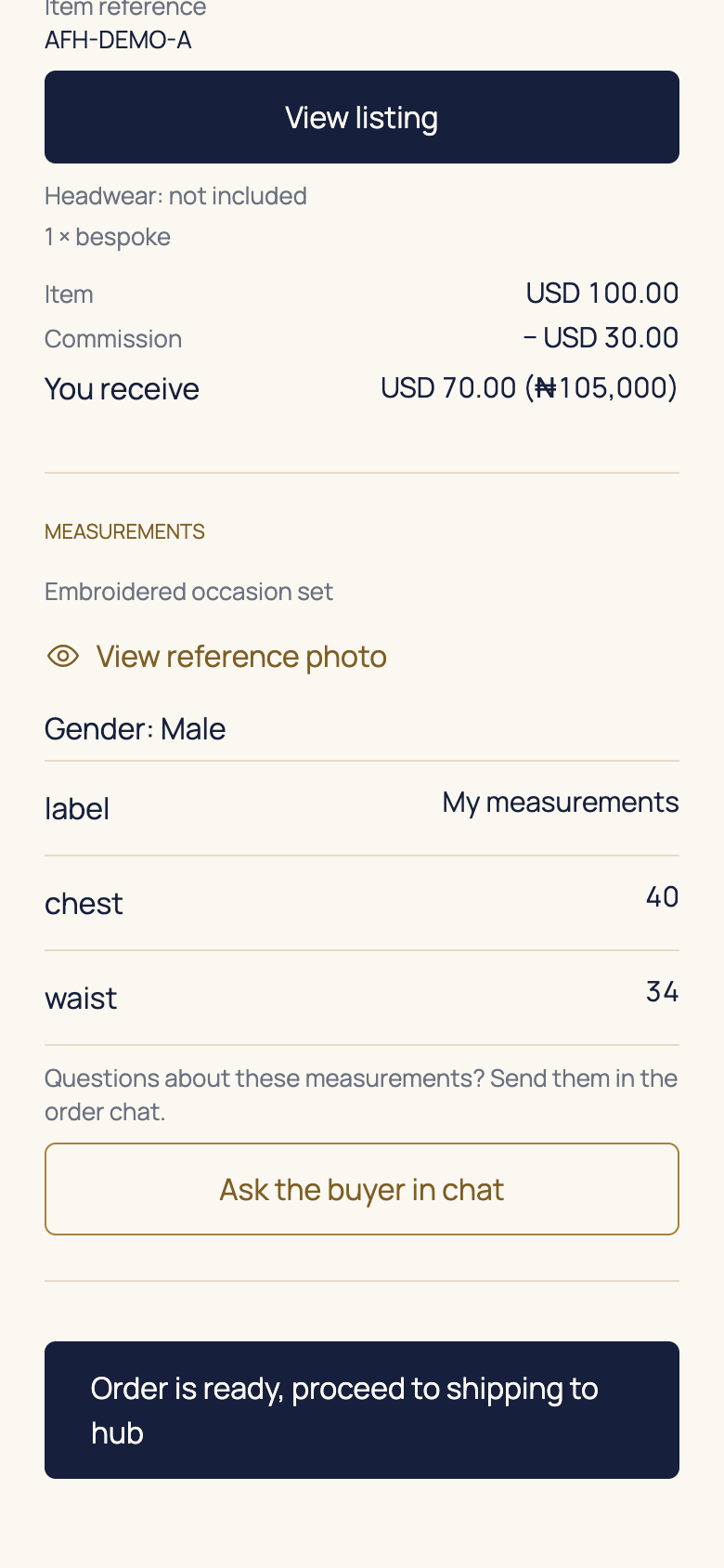 View an optional measurement reference photo in the AFH app, using example data