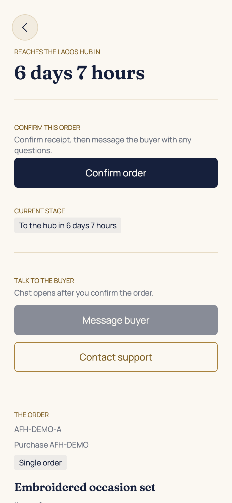 Confirm the order and read its details in the AFH app, using example data