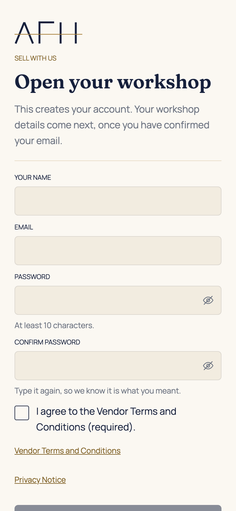 Register as a vendor in the AFH app, using example data