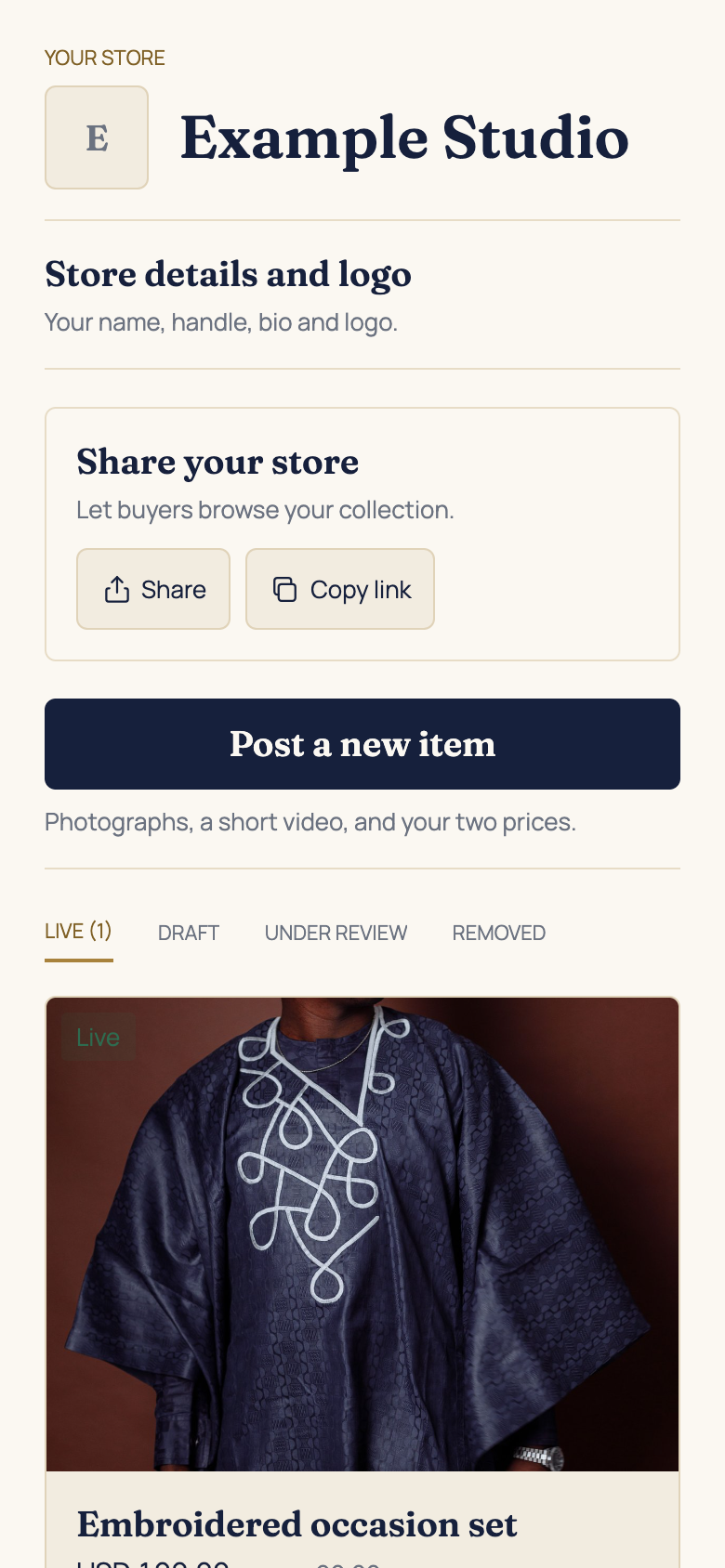 Share your store in the AFH app, using example data