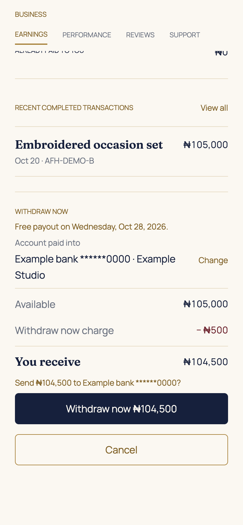 Request an eligible withdrawal in the AFH app, using example data