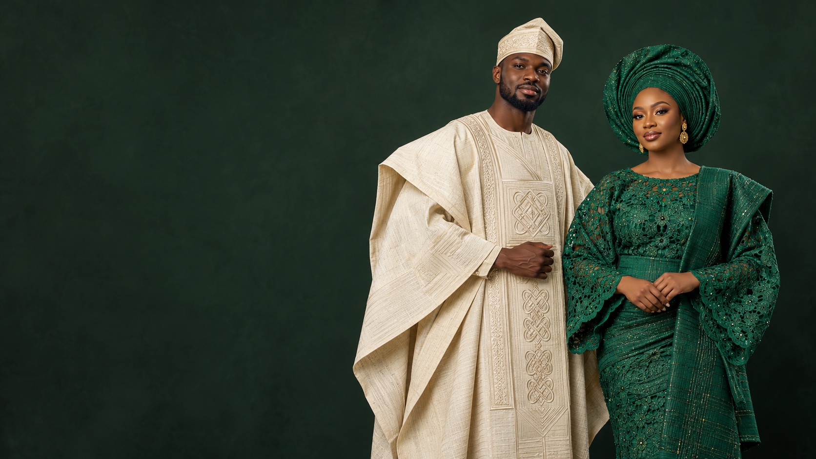 AI-generated fashion editorial featuring ivory agbada and emerald-green Nigerian occasion wear