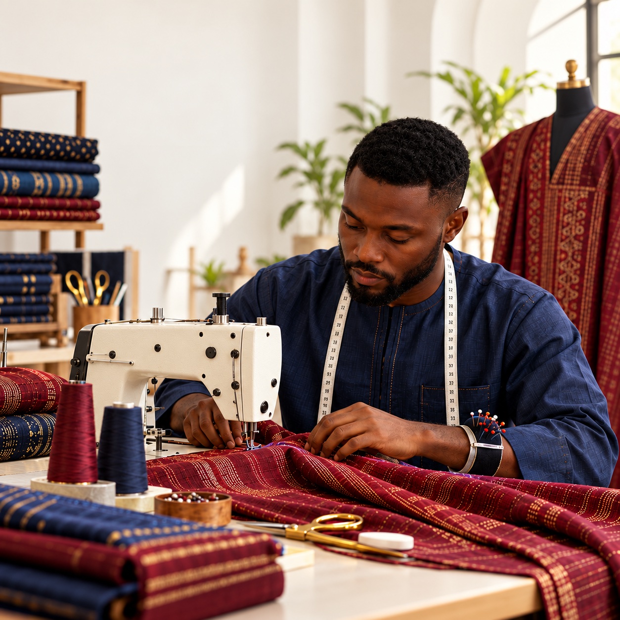 AI-generated AFH campaign image of a Nigerian tailor sewing burgundy patterned fabric in an indigo shirt